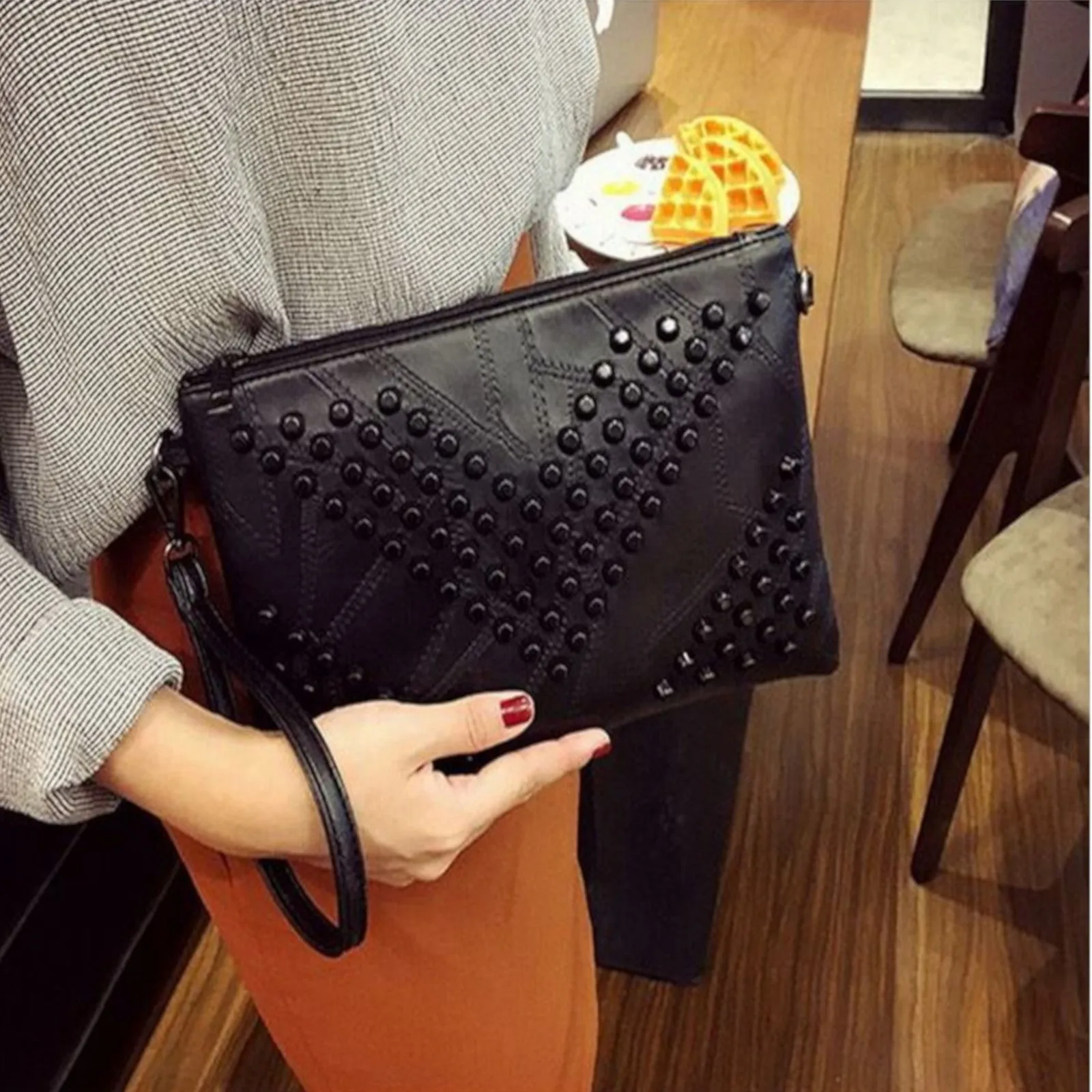Black Chevron Studded Leather Crossbody Bag