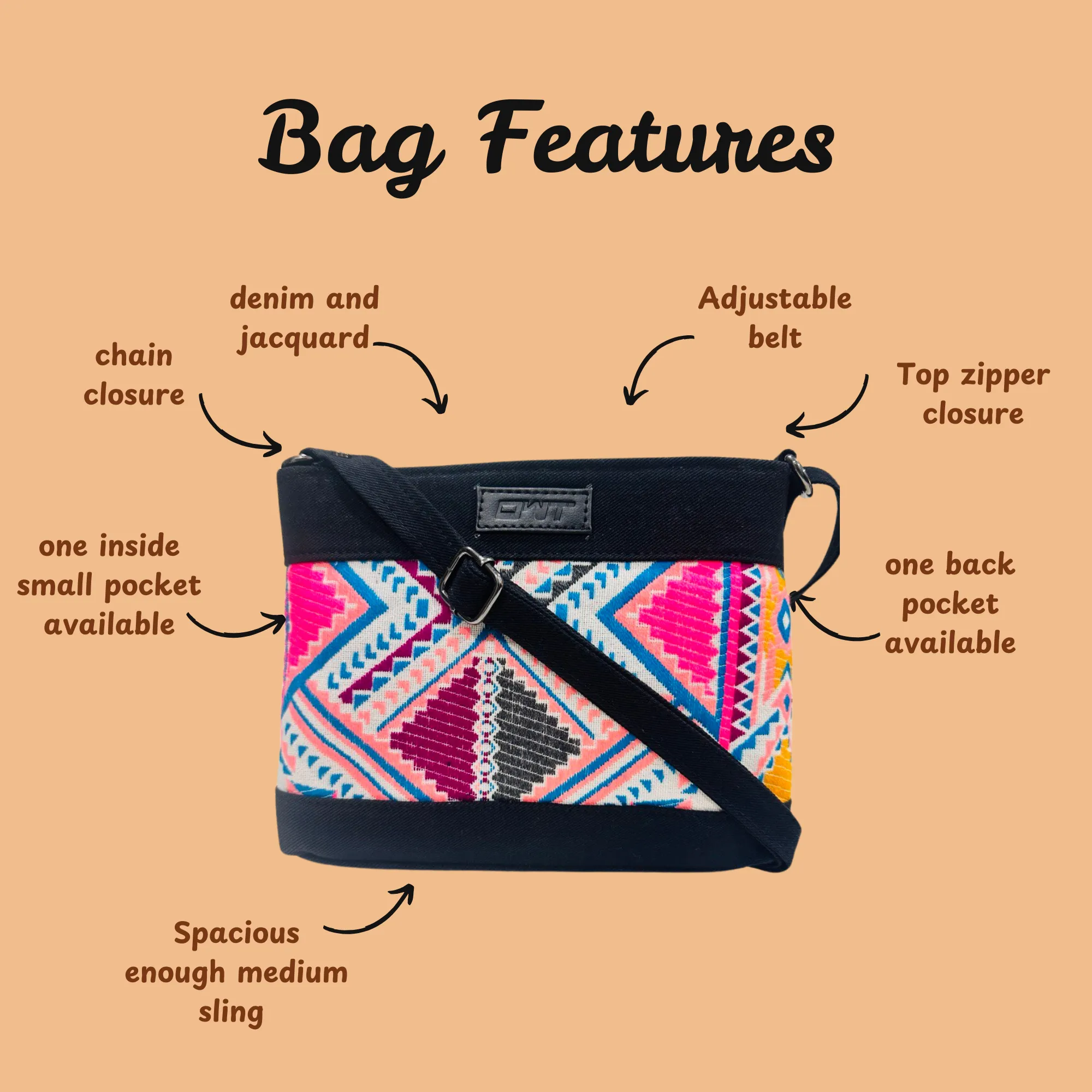 BLACK DENIM DURABLE MULTICOLOR SLING BAG