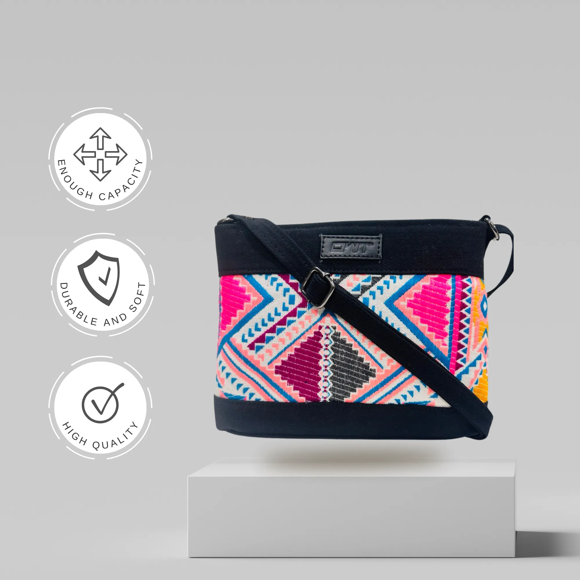 BLACK DENIM DURABLE MULTICOLOR SLING BAG