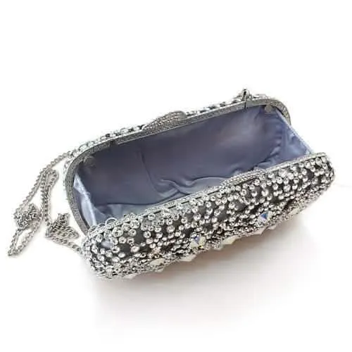 Chic Rhodium-Plated White Metal Evening Clutch with Crystal Accents