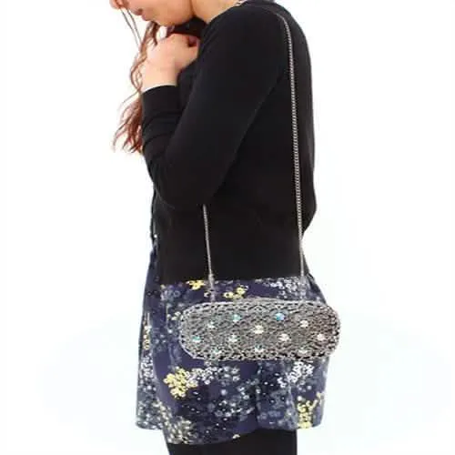 Chic Rhodium-Plated White Metal Evening Clutch with Crystal Accents