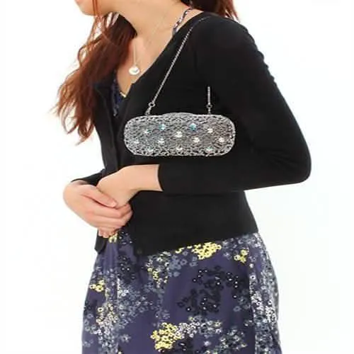 Chic Rhodium-Plated White Metal Evening Clutch with Crystal Accents