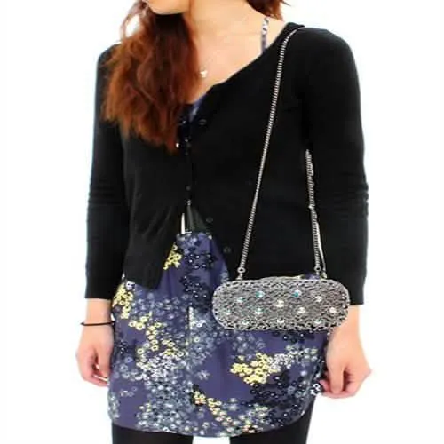 Chic Rhodium-Plated White Metal Evening Clutch with Crystal Accents