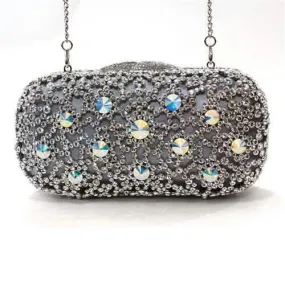 Chic Rhodium-Plated White Metal Evening Clutch with Crystal Accents