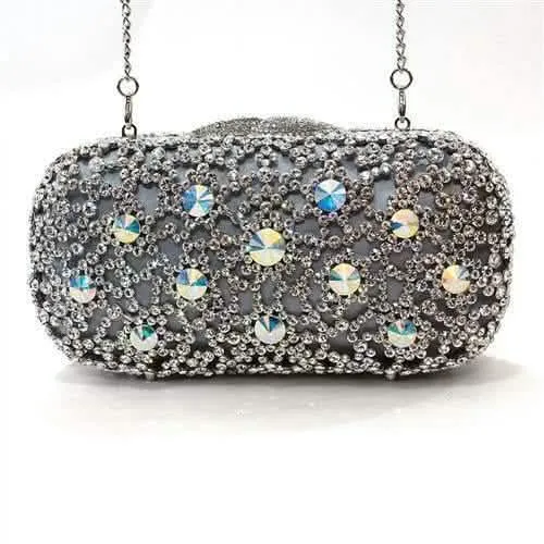 Chic Rhodium-Plated White Metal Evening Clutch with Crystal Accents