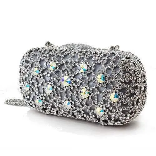 Chic Rhodium-Plated White Metal Evening Clutch with Crystal Accents