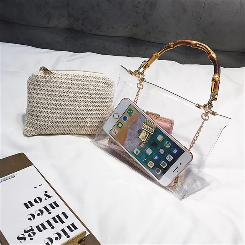 Christmas Gift Clear Transparent Bag For Women Luxury Handbags Crossbody Bags Designer With Bamboo Handle Summer Small Chain Ladies Straw Beach