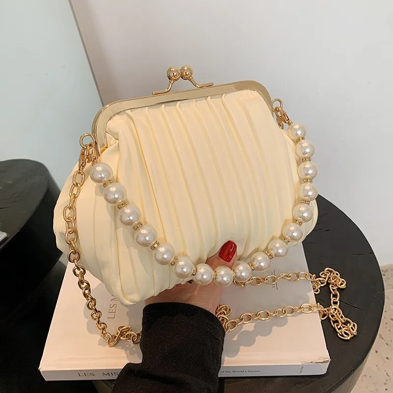 Christmas Gift Pleated Shell bag Small Totes With Pearl Handle 2021 Summer New PU Leather Women's Designer Handbag Chain Shoulder Messenger Bag