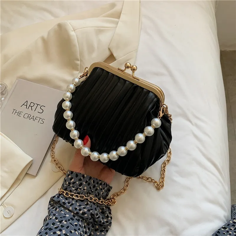 Christmas Gift Pleated Shell bag Small Totes With Pearl Handle 2021 Summer New PU Leather Women's Designer Handbag Chain Shoulder Messenger Bag