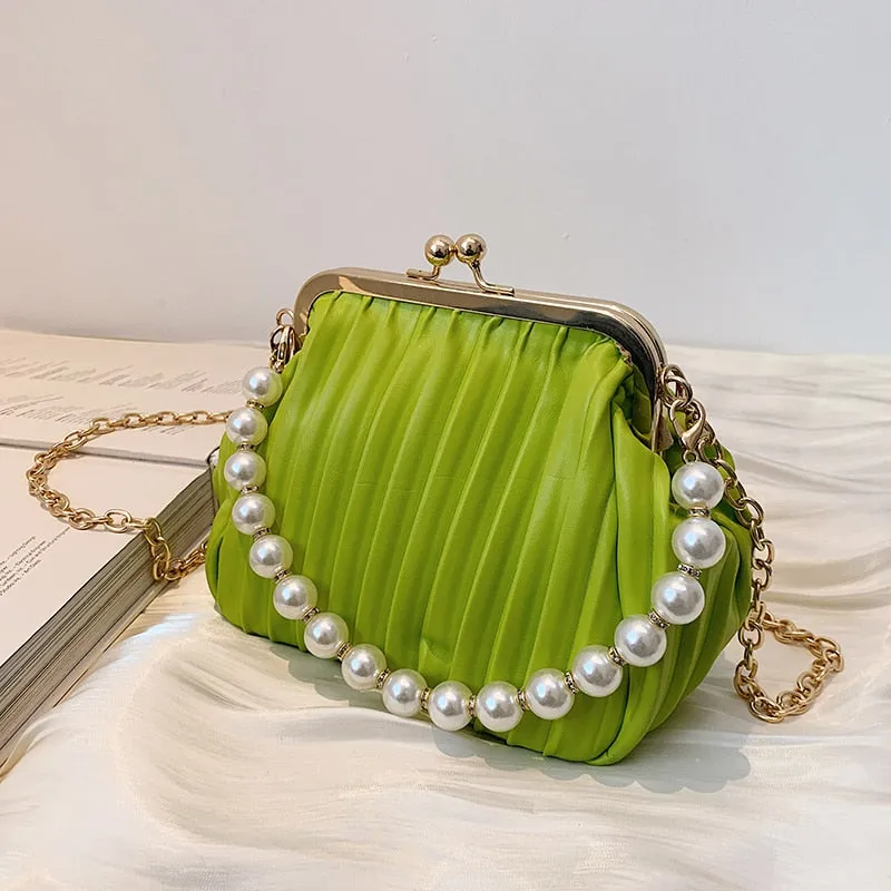 Christmas Gift Pleated Shell bag Small Totes With Pearl Handle 2021 Summer New PU Leather Women's Designer Handbag Chain Shoulder Messenger Bag