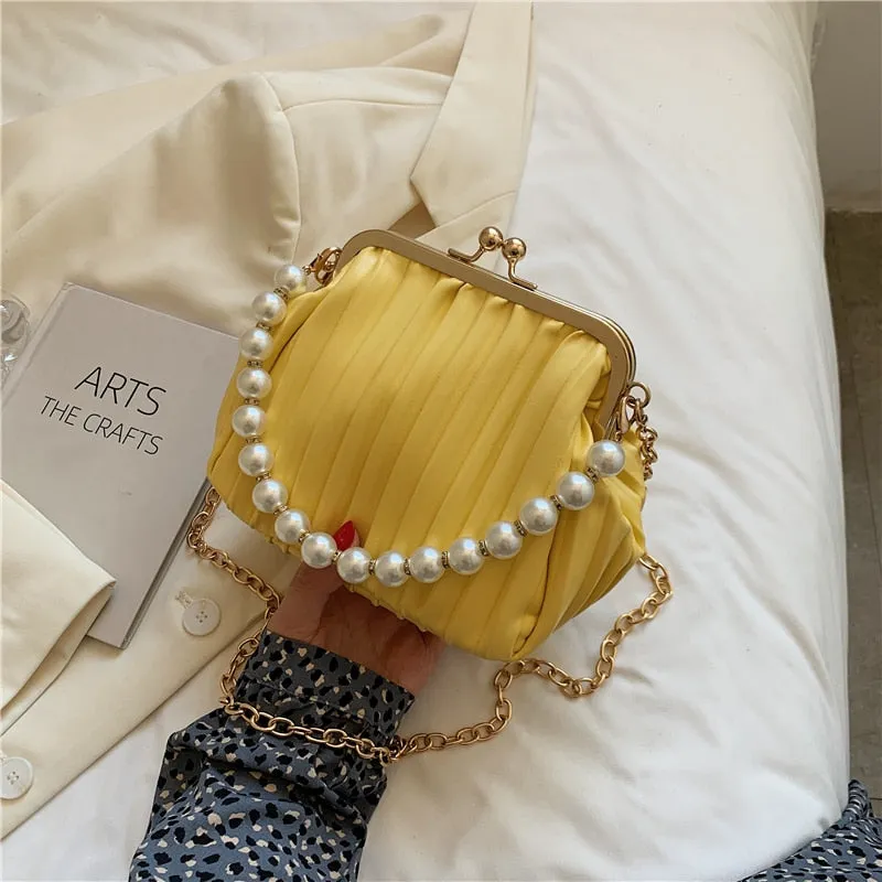 Christmas Gift Pleated Shell bag Small Totes With Pearl Handle 2021 Summer New PU Leather Women's Designer Handbag Chain Shoulder Messenger Bag