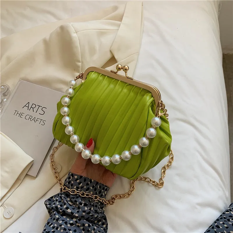 Christmas Gift Pleated Shell bag Small Totes With Pearl Handle 2021 Summer New PU Leather Women's Designer Handbag Chain Shoulder Messenger Bag