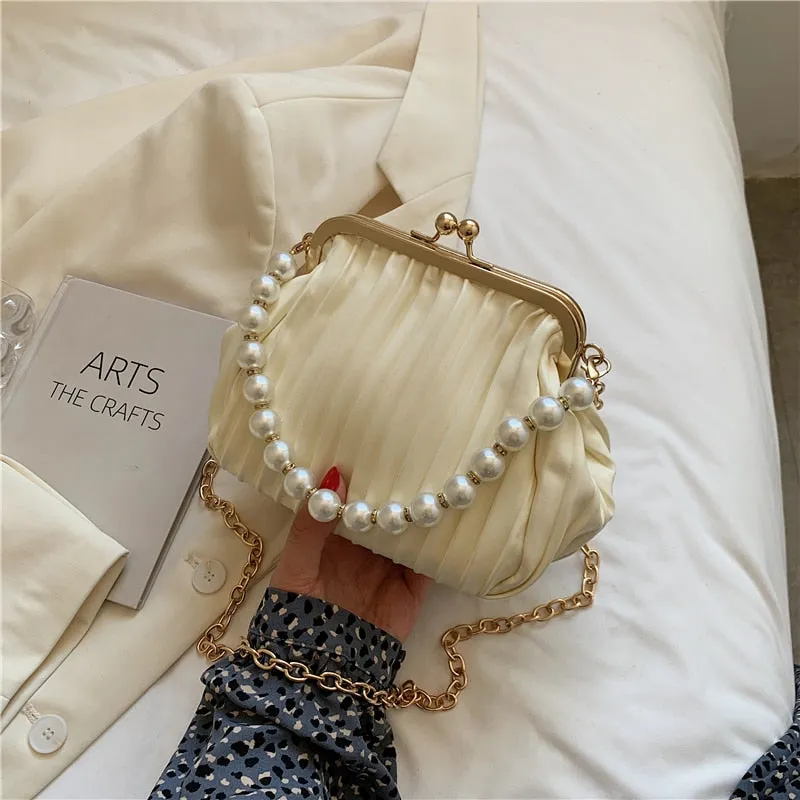 Christmas Gift Pleated Shell bag Small Totes With Pearl Handle 2021 Summer New PU Leather Women's Designer Handbag Chain Shoulder Messenger Bag