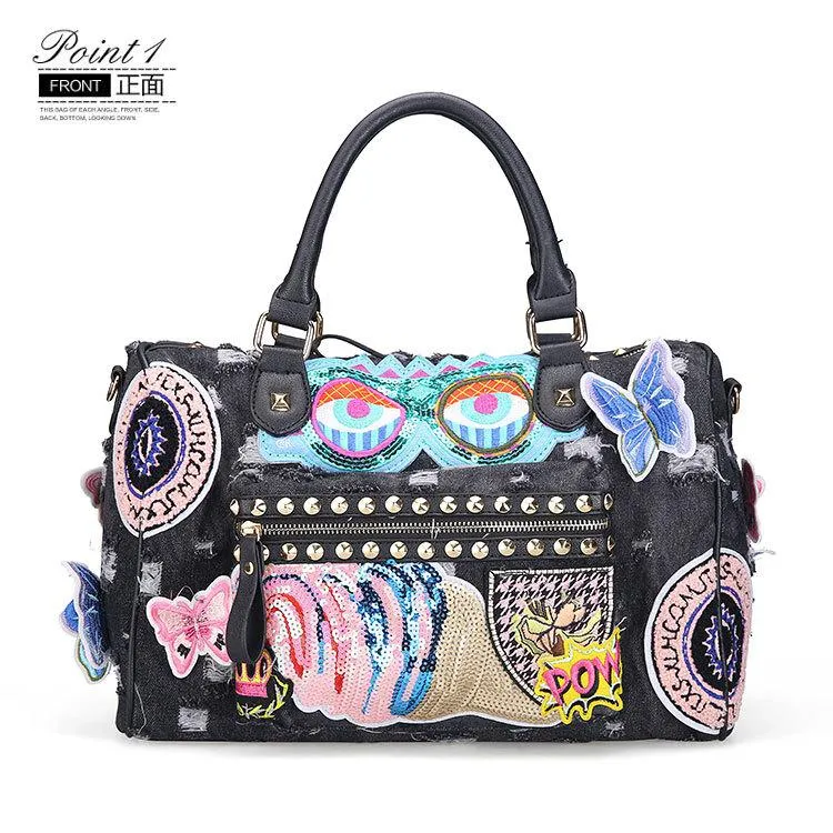 Christmas Gift Rock Style Fashion Totes Women Denim Handbags Casual Shoulder Bags Vintage Demin Blue Top Handle Bags Bolsa Large Travel Bags