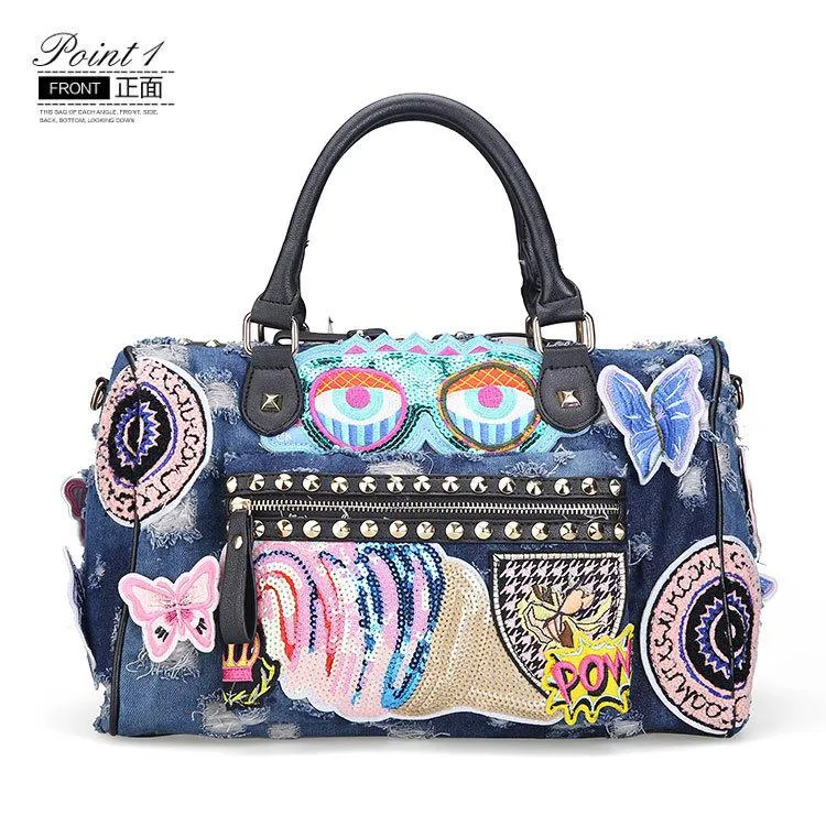 Christmas Gift Rock Style Fashion Totes Women Denim Handbags Casual Shoulder Bags Vintage Demin Blue Top Handle Bags Bolsa Large Travel Bags