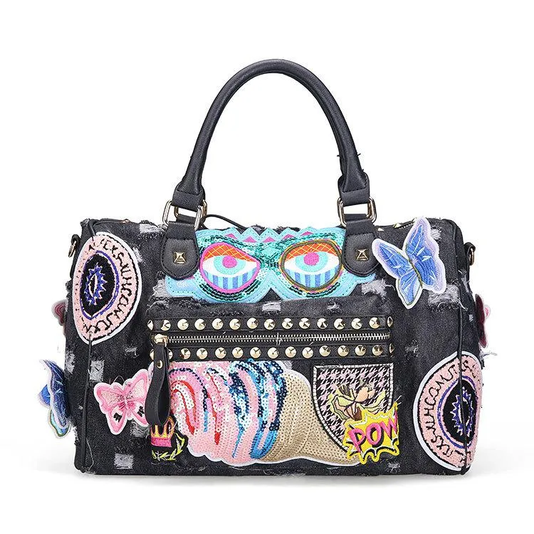 Christmas Gift Rock Style Fashion Totes Women Denim Handbags Casual Shoulder Bags Vintage Demin Blue Top Handle Bags Bolsa Large Travel Bags