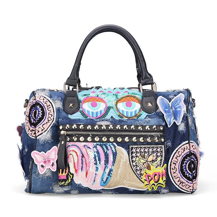 Christmas Gift Rock Style Fashion Totes Women Denim Handbags Casual Shoulder Bags Vintage Demin Blue Top Handle Bags Bolsa Large Travel Bags