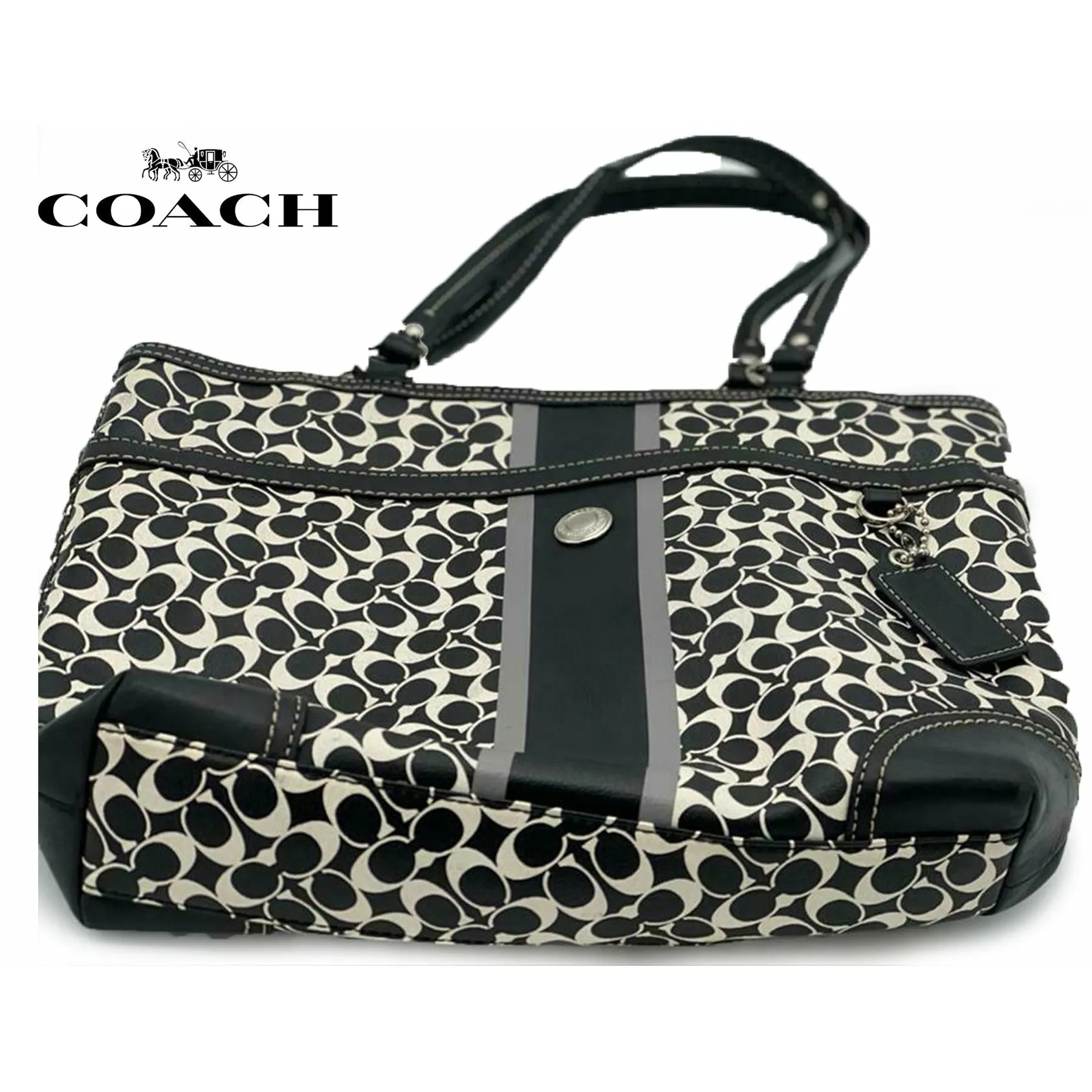 Coach Heritage Chelsea Logo Tote Black White Gray Leather Striped