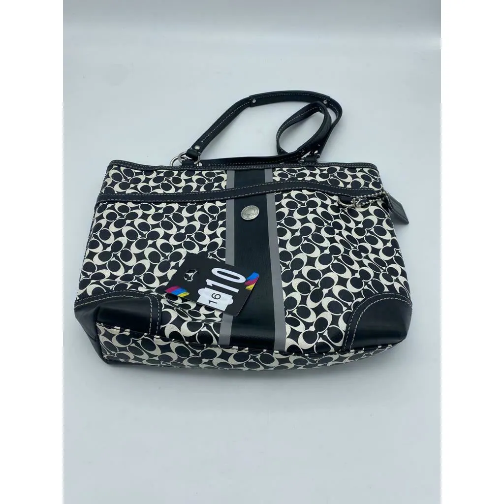 Coach Heritage Chelsea Logo Tote Black White Gray Leather Striped