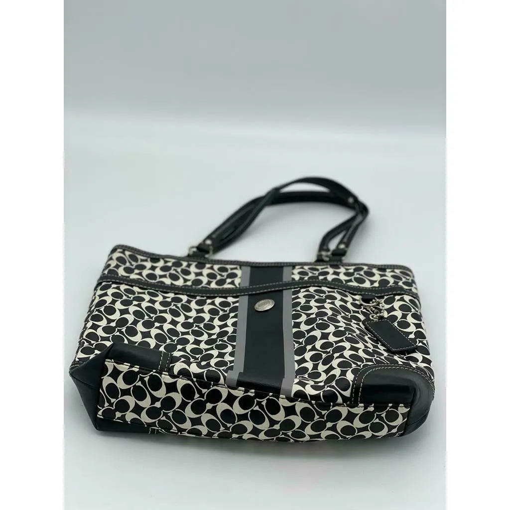 Coach Heritage Chelsea Logo Tote Black White Gray Leather Striped