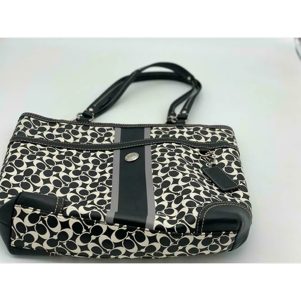Coach Heritage Chelsea Logo Tote Black White Gray Leather Striped