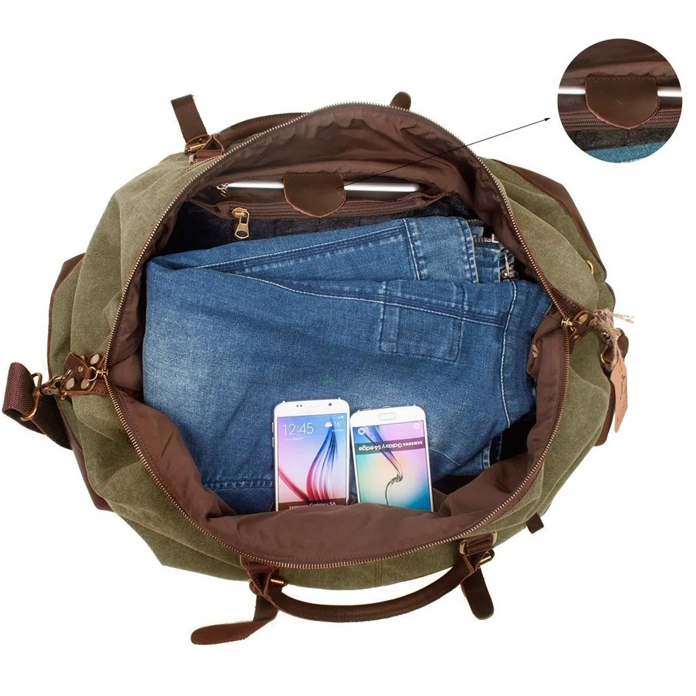 Duffel Bag, Berchirly 21" Large Canvas Leather Travel Sports Gym Bag Toiletry Bag Shoulder Carryon Luggage for Men Women - Army Green