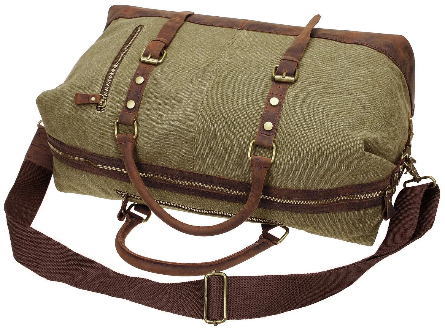 Duffel Bag, Berchirly 21" Large Canvas Leather Travel Sports Gym Bag Toiletry Bag Shoulder Carryon Luggage for Men Women - Army Green