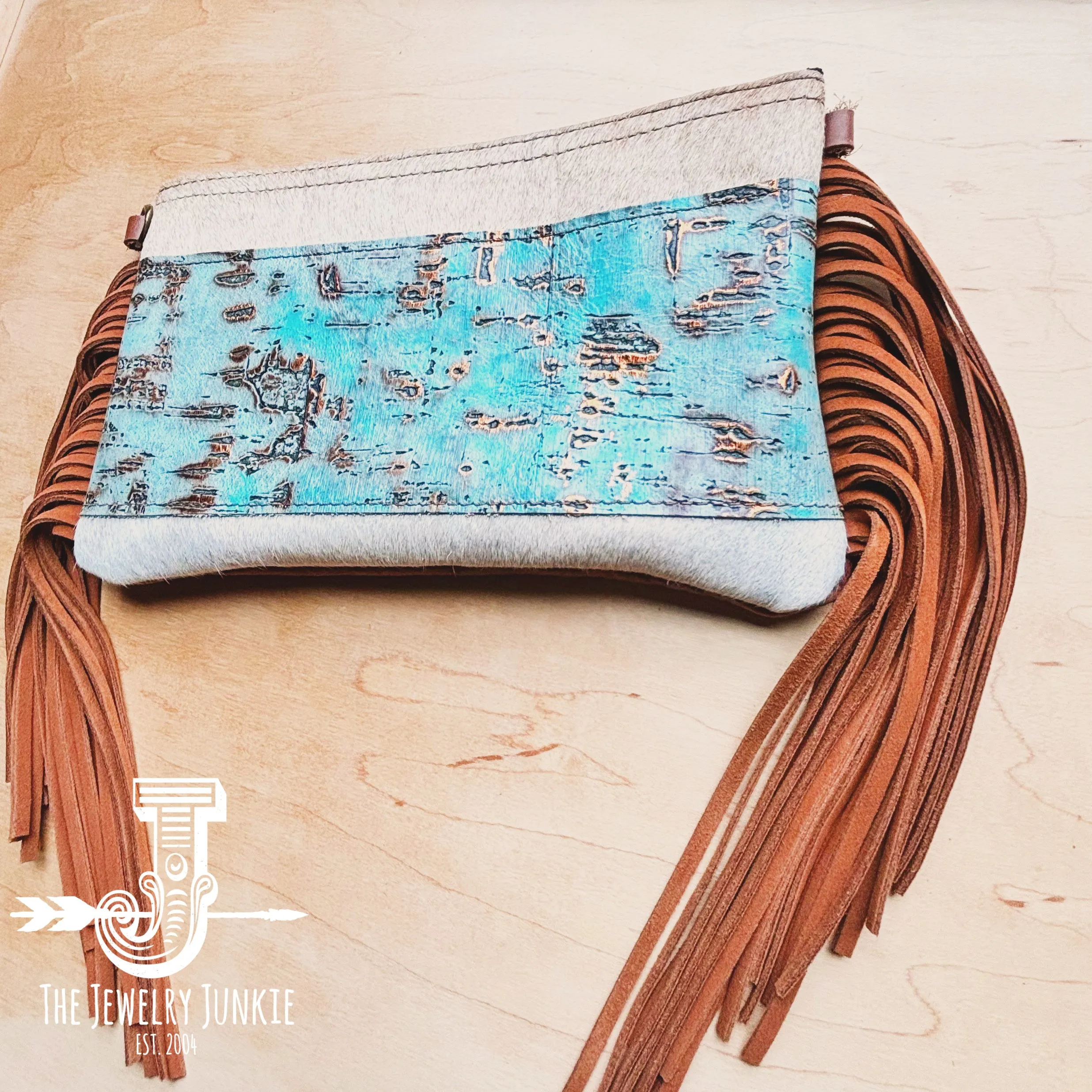 **Hair on Hide Handbag w/ Turquoise Metallic Accent & Fringe 514g