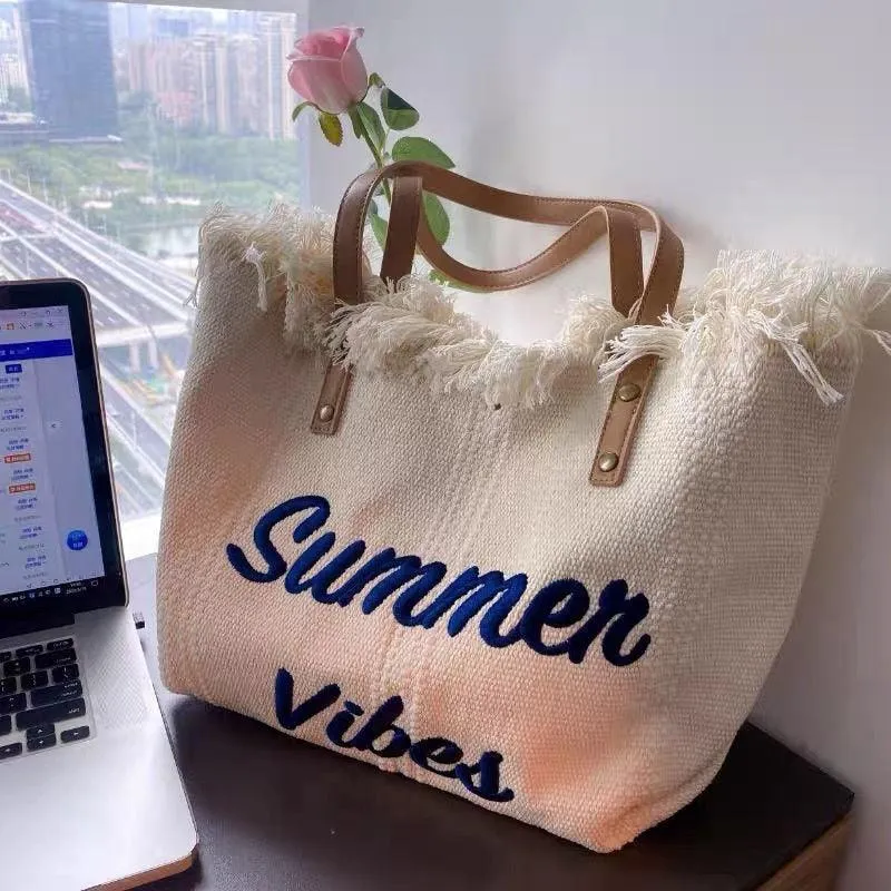 Letters Embroidery Canvas Beach Bag