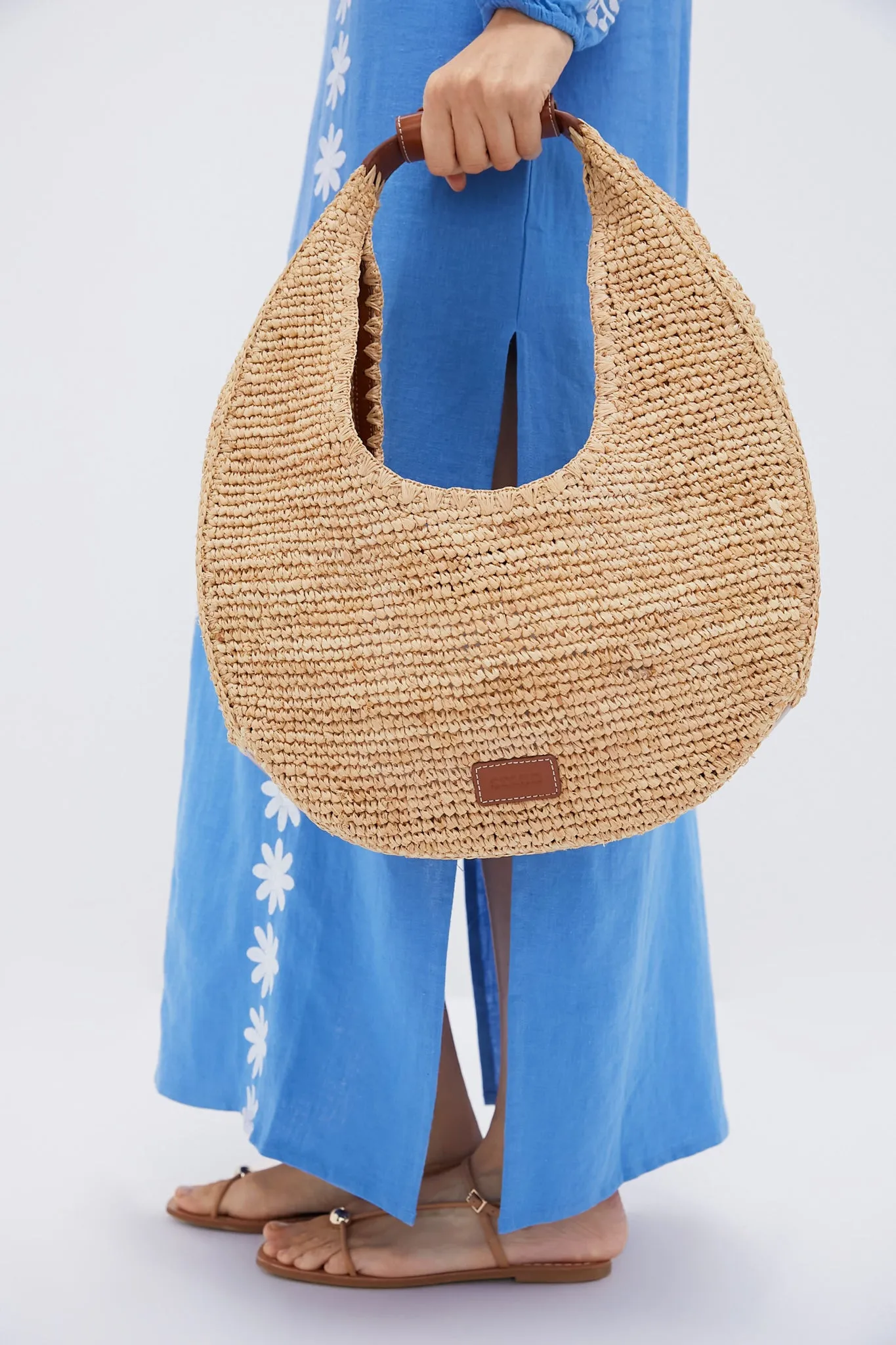 Natural and Tan Large Raffia Moon Tote Bag