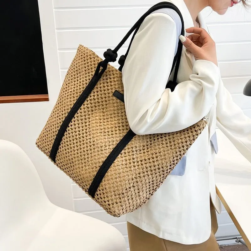 Women's Hand-Woven Natural Straw Tote Handbag